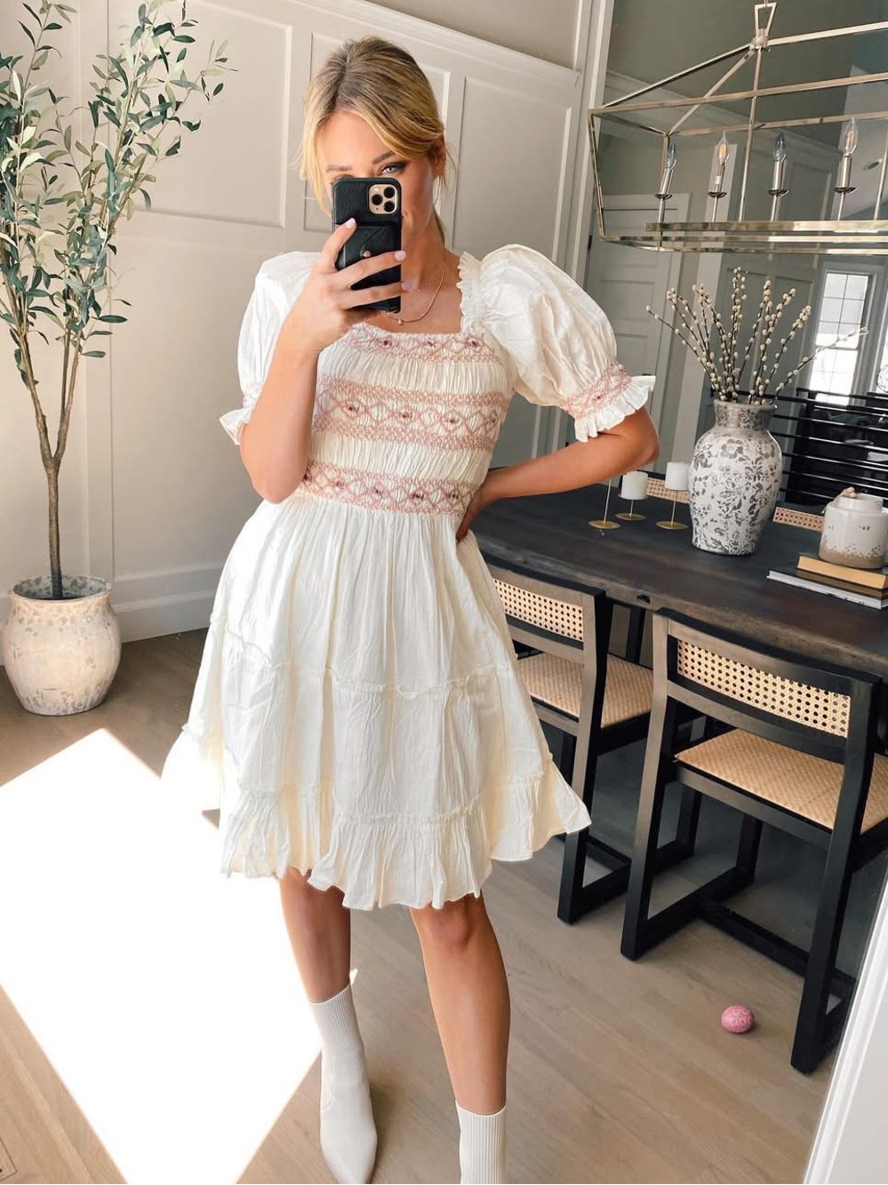 NWT Ivy City Co Liesel Cream Mini Dress with Pink Smocked Bodice
